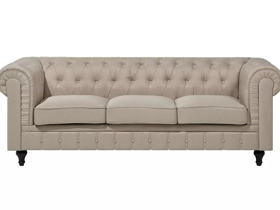 Store Beliani 3 Seater Fabric Sofa Beige Chesterfield Big