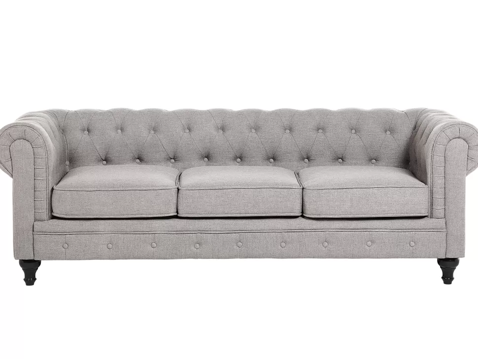 Sofas>Beliani 3 Seater Fabric Sofa Light Grey Chesterfield