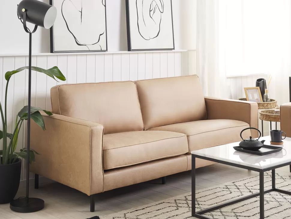 Sofas>Beliani 3 Seater Faux Leather Sofa Beige Savalen