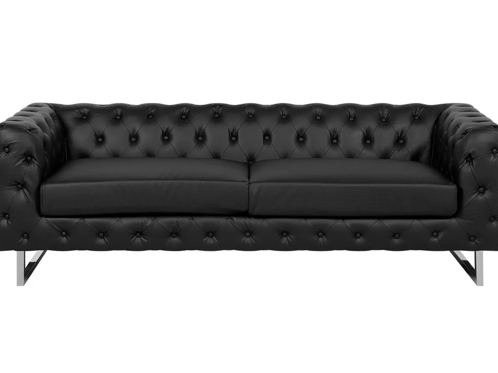 Sofas>Beliani 3 Seater Faux Leather Sofa Black Vissland