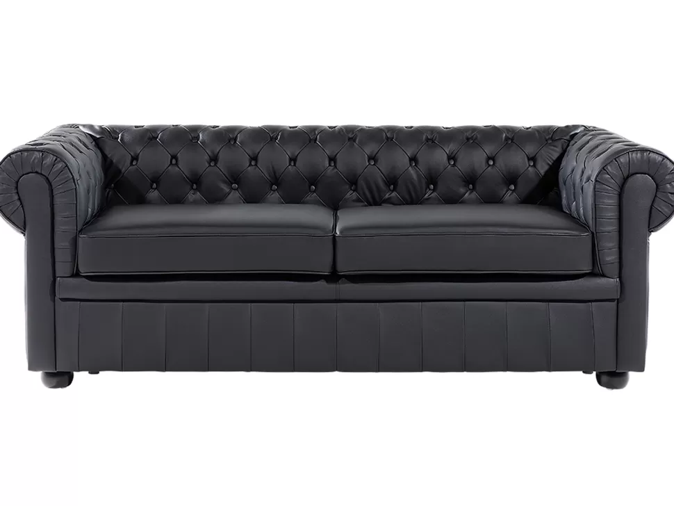 Sofas>Beliani 3 Seater Leather Sofa Black Chesterfield