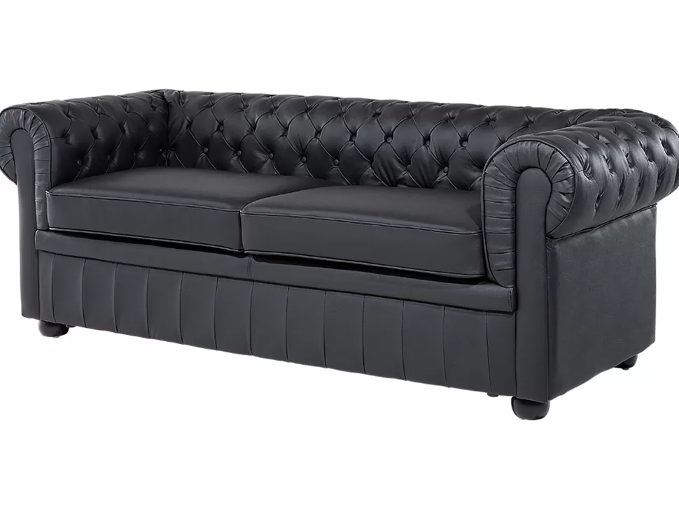 Sofas>Beliani 3 Seater Leather Sofa Black Chesterfield