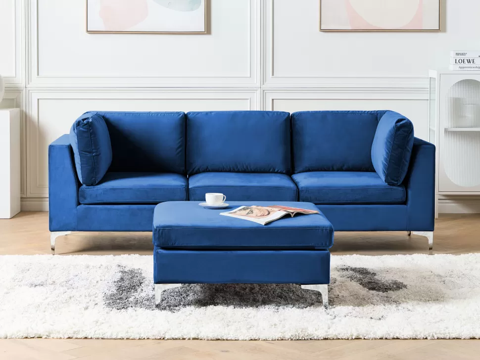 Cheap Beliani 3 Seater Modular Velvet Sofa With Ottoman Blue Evja