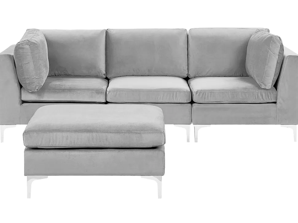 Store Beliani 3 Seater Modular Velvet Sofa With Ottoman Grey Evja