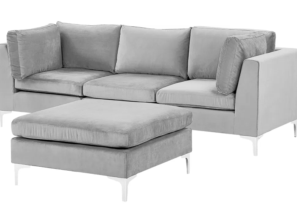 Store Beliani 3 Seater Modular Velvet Sofa With Ottoman Grey Evja