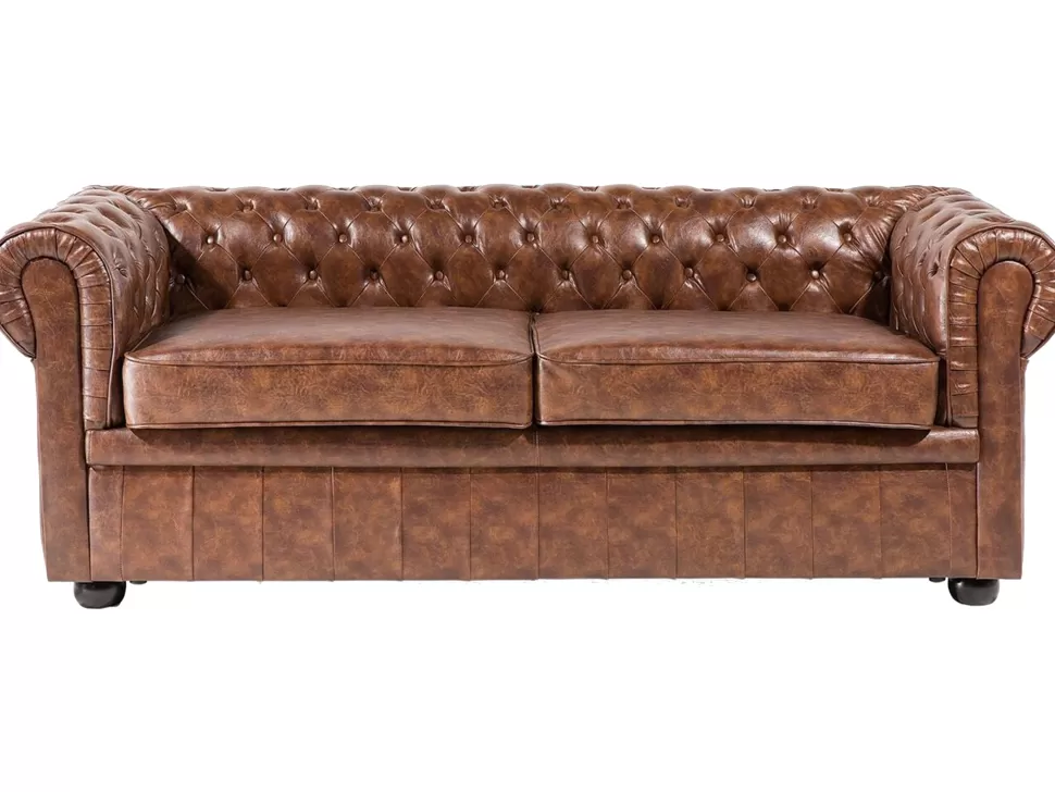 Discount Beliani 3 Seater Sofa Faux Leather Golden Brown Chesterfield