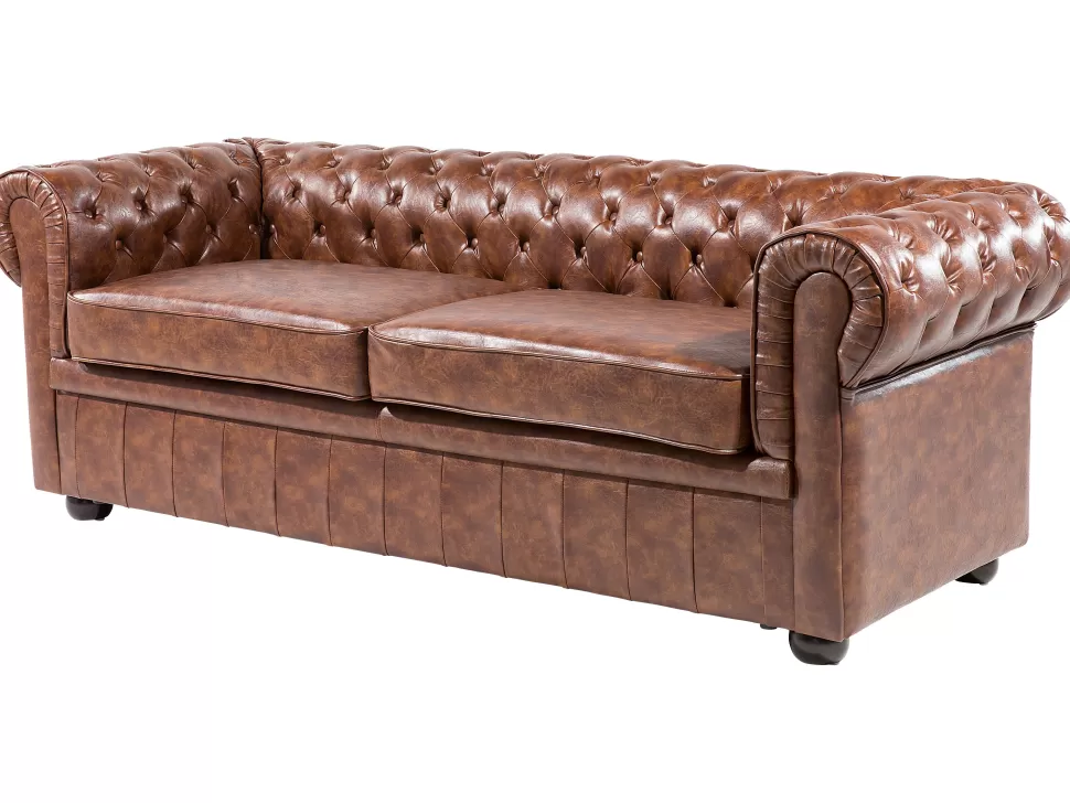 Discount Beliani 3 Seater Sofa Faux Leather Golden Brown Chesterfield