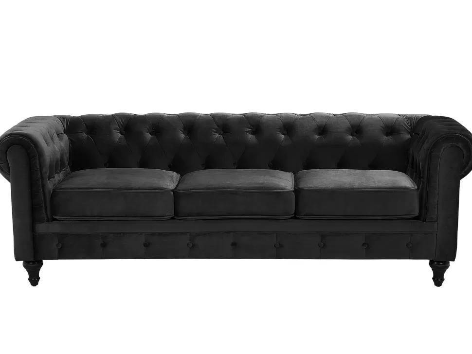 Sofas>Beliani 3 Seater Velvet Fabric Sofa Black Chesterfield