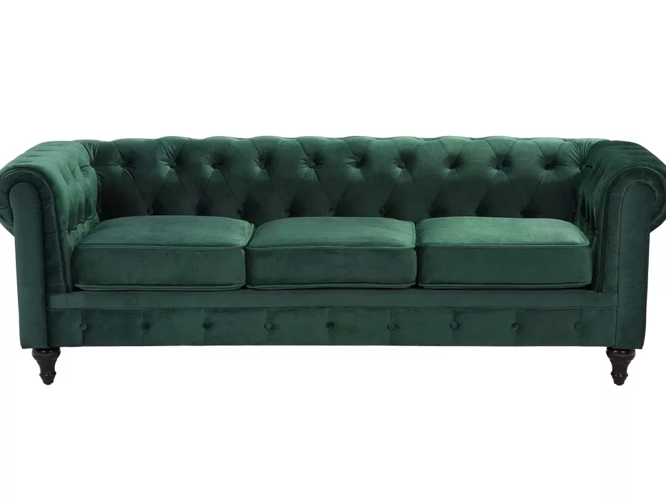 Cheap Beliani 3 Seater Velvet Fabric Sofa Green Chesterfield