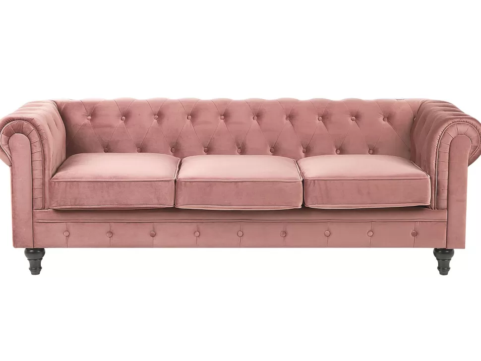 Sofas>Beliani 3 Seater Velvet Fabric Sofa Pink Chesterfield