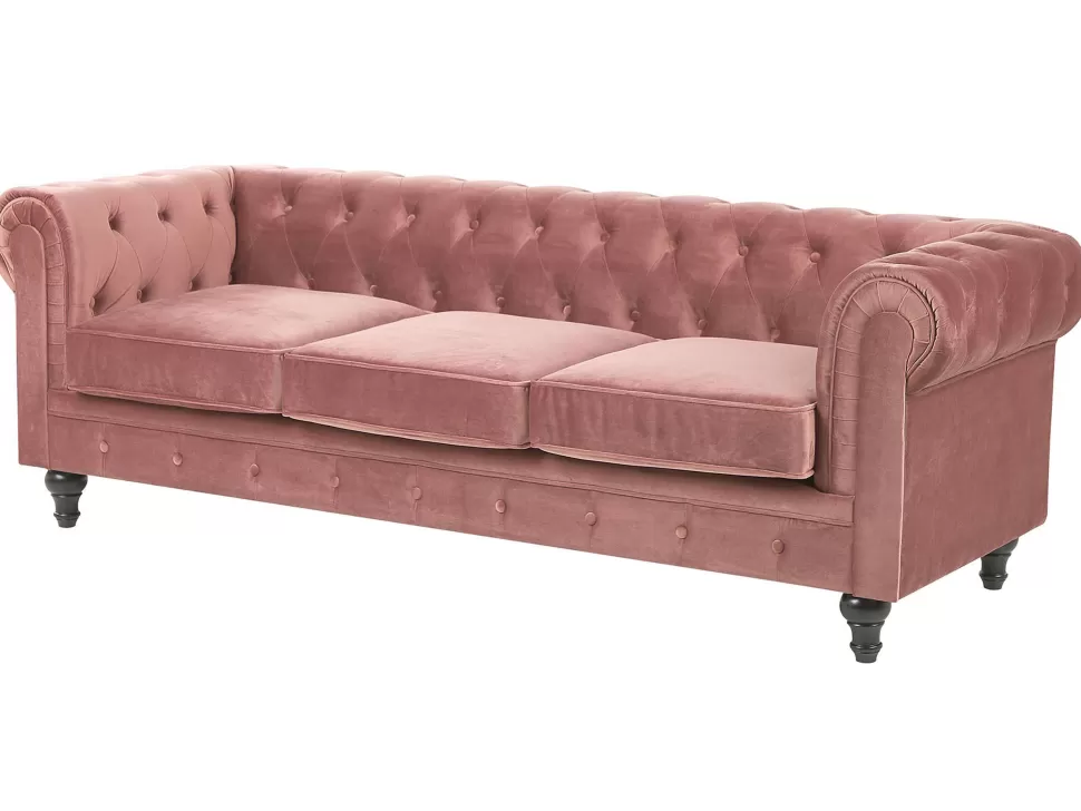 Sofas>Beliani 3 Seater Velvet Fabric Sofa Pink Chesterfield