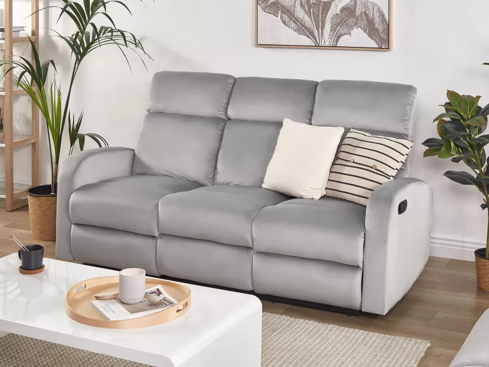 Flash Sale Beliani 3 Seater Velvet Manual Recliner Sofa Light Grey Verdal