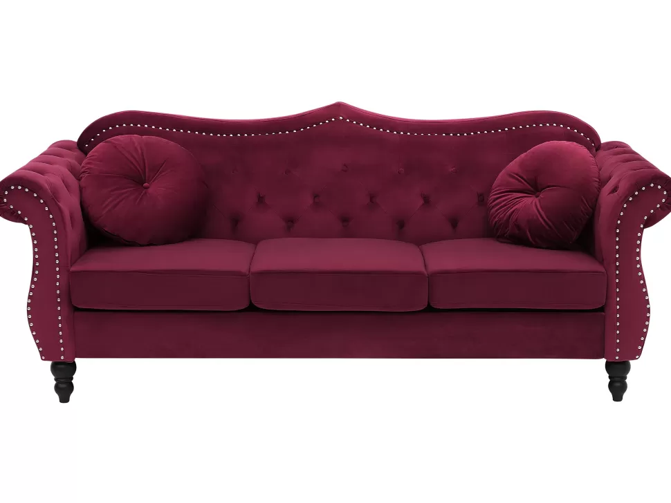 Discount Beliani 3 Seater Velvet Sofa Burgundy Skien