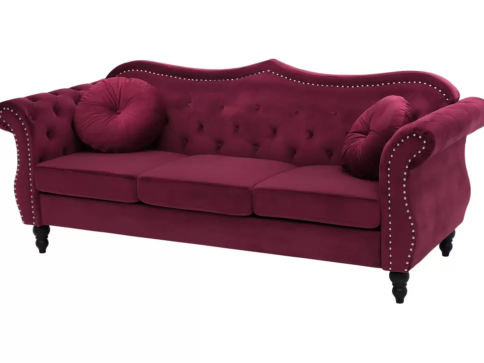 Discount Beliani 3 Seater Velvet Sofa Burgundy Skien