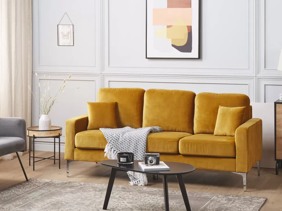 Sofas>Beliani 3 Seater Velvet Sofa Yellow Gavle