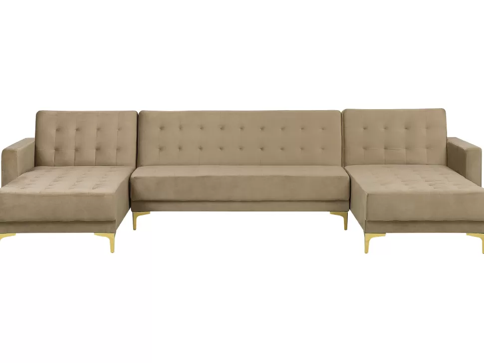 Sofas>Beliani 5 Seater U-Shaped Modular Velvet Sofa Sand Beige Aberdeen