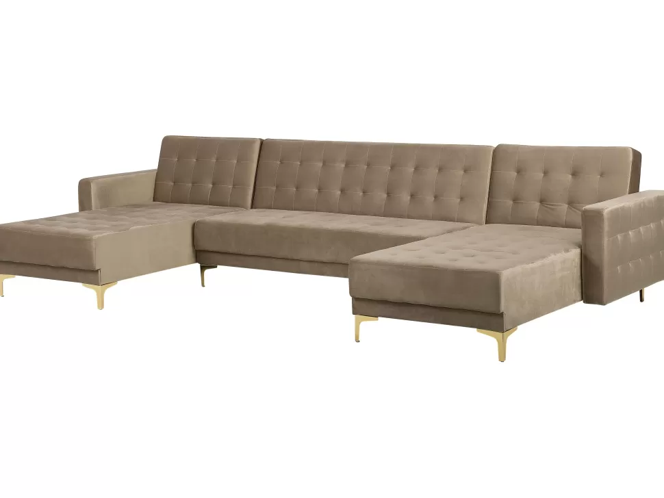 Sofas>Beliani 5 Seater U-Shaped Modular Velvet Sofa Sand Beige Aberdeen