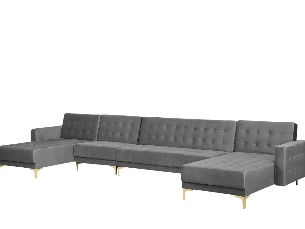 New Beliani 6 Seater U-Shaped Modular Velvet Sofa Grey Aberdeen