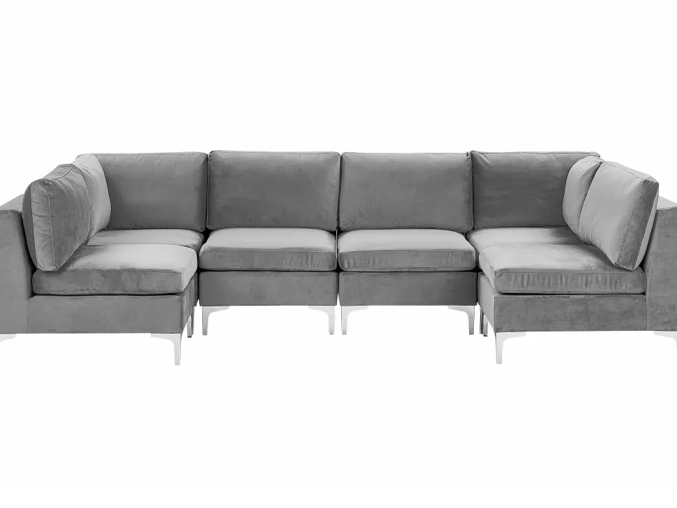 Sofas>Beliani 6 Seater U-Shaped Modular Velvet Sofa Grey Evja