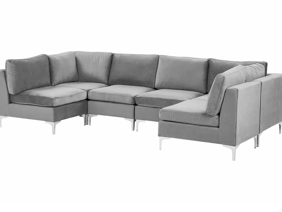 Sofas>Beliani 6 Seater U-Shaped Modular Velvet Sofa Grey Evja