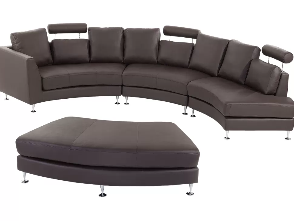 Sofas>Beliani 7 Seater Curved Leather Modular Sofa Brown Rotunde