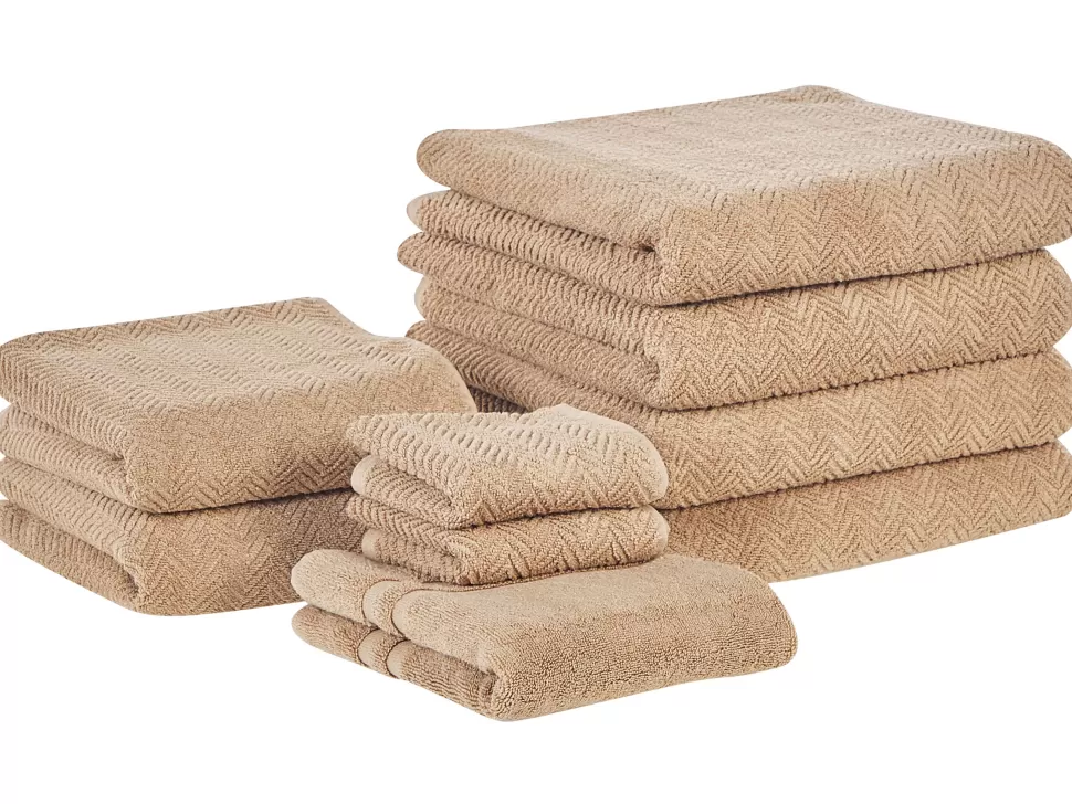 Heimtextilien>Beliani Badehandtuch Set Mit Badematte Frottee Baumwolle Sandbeige 9-Teilig Mitiaro