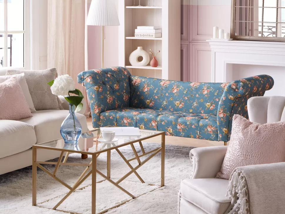 Sofas>Beliani Chaise Lounge Floral Pattern Blue Nantilly