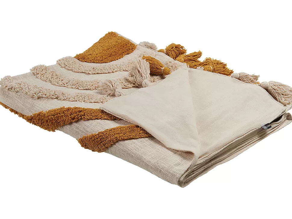 Clearance Beliani Decke Baumwolle Beige / Orange 130 X 180 Cm Geometrisches Muster Mathura
