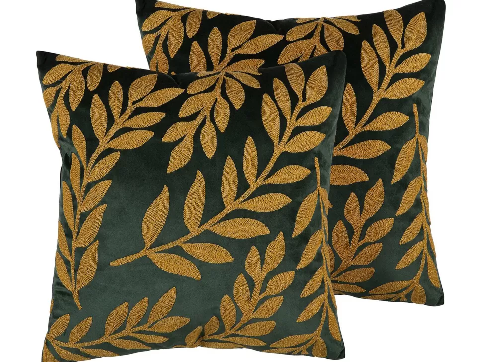 Discount Beliani Dekokissen Florales Motiv Samtstoff Dunkelgrun 45 X 45 Cm 2Er Set Mistletoe
