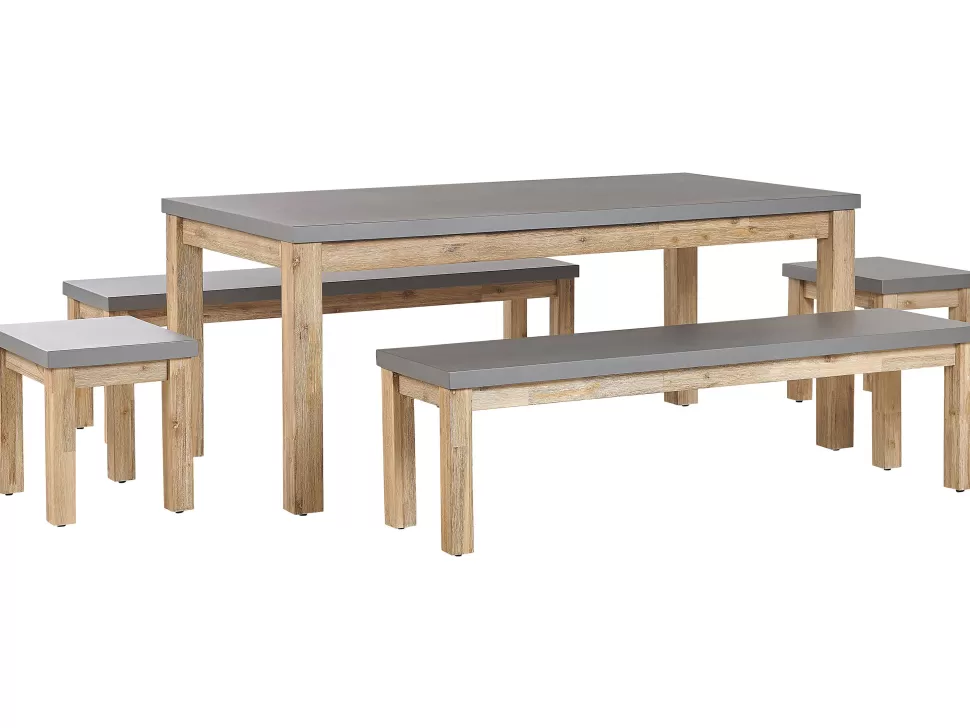 Flash Sale Beliani Gartenmöbel Set Beton / Akazienholz Grau 8-Sitzer 2 Banke 2 Hocker Ostuni