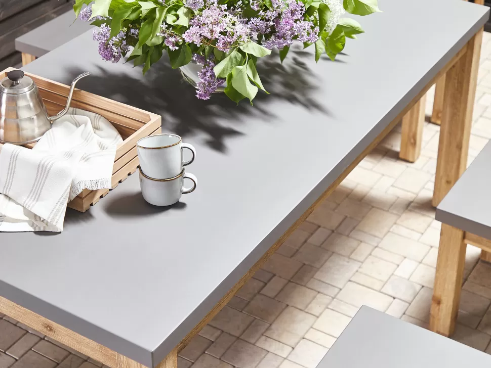 Discount Beliani Gartenmöbel Set Beton / Akazienholz Grau Tisch Mit 2 Banken Ostuni