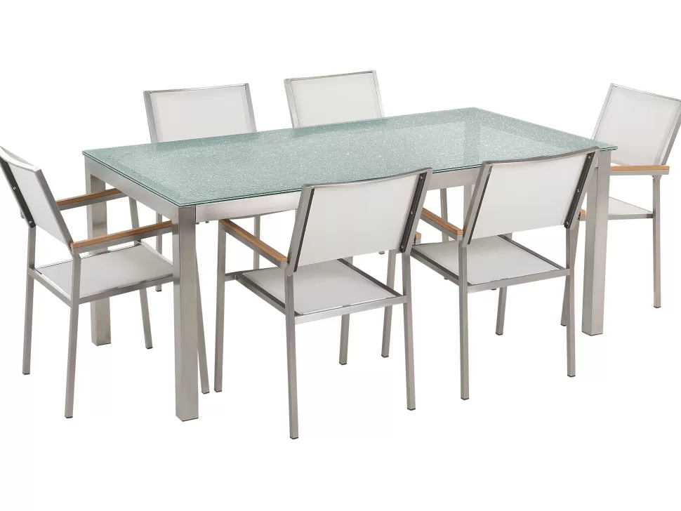 Discount Beliani Gartenmöbel Set Crashglas 180 X 90 Cm 6Sitzer Stühle Textilbespannung Weis Grosseto