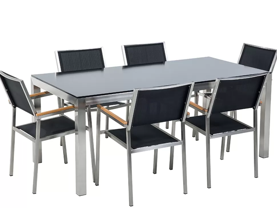 Flash Sale Beliani Gartenmöbel Set Glasplatte Schwarz 180 X 90 Cm 6-Sitzer Stühle Textilbespannung Schwarz Grosseto