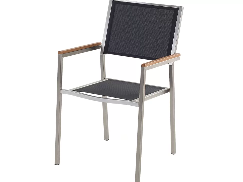 Flash Sale Beliani Gartenmöbel Set Glasplatte Schwarz 180 X 90 Cm 6-Sitzer Stühle Textilbespannung Schwarz Grosseto
