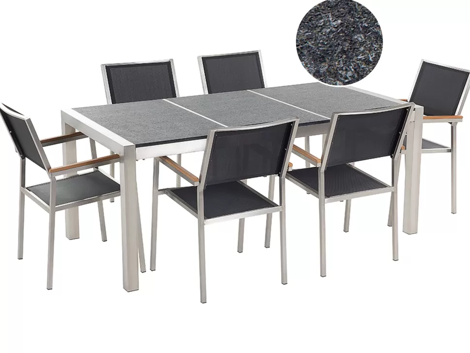 Discount Beliani Gartenmöbel Set Naturstein Schwarz Geflammt 180 X 90 Cm 6-Sitzer Stühle Textilbespannung Grosseto