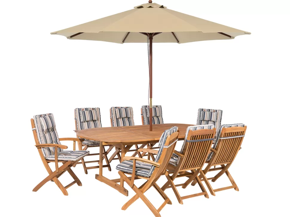 Best Sale Beliani Gartenset Akazienholz Hellbraun 8-Sitzer Auflagen Dunkelblau-Beige Sonnenschirm Maui