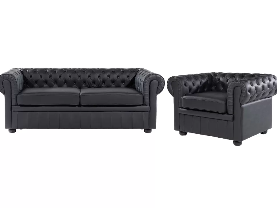 Sofas>Beliani Leather Living Room Set Black Chesterfield