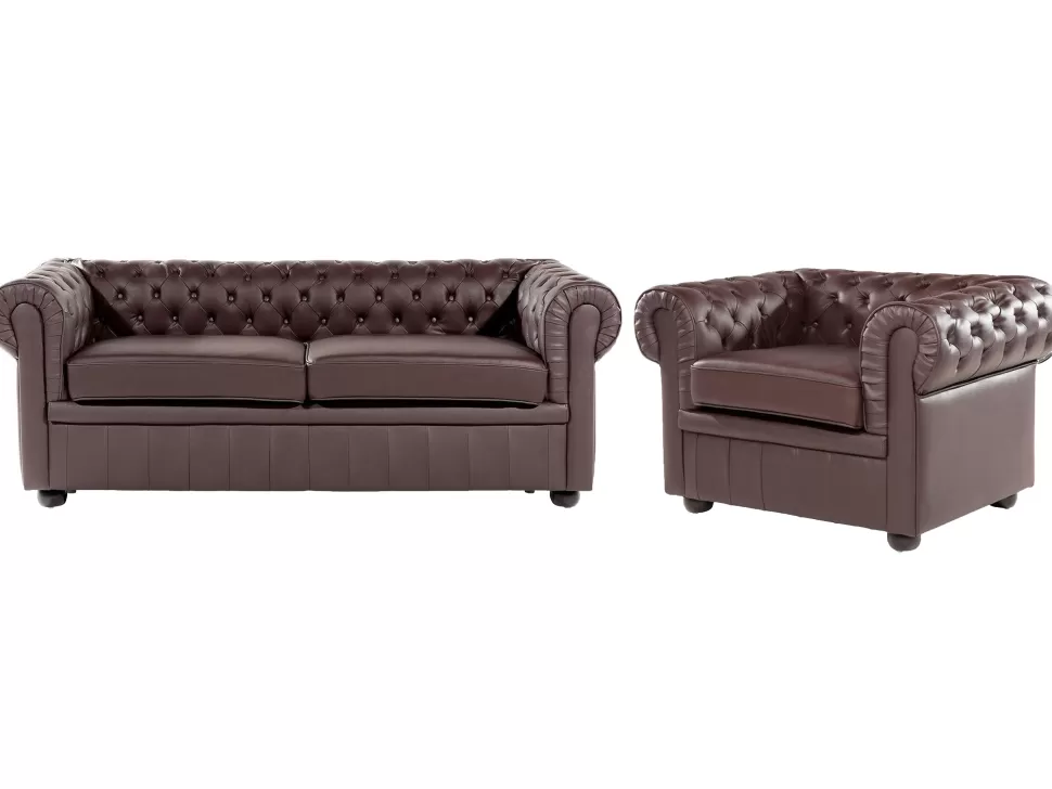 New Beliani Leather Living Room Set Brown Chesterfield