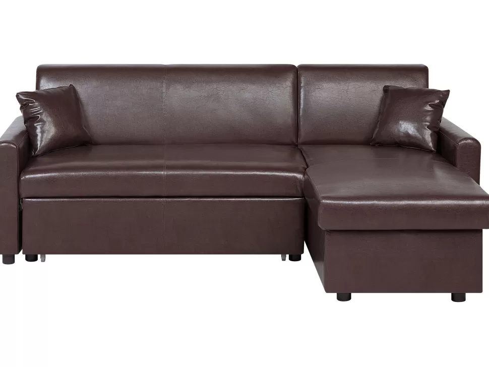 Fashion Beliani Left Hand Faux Leather Corner Sofa Bed With Storage Dark Brown Ogna