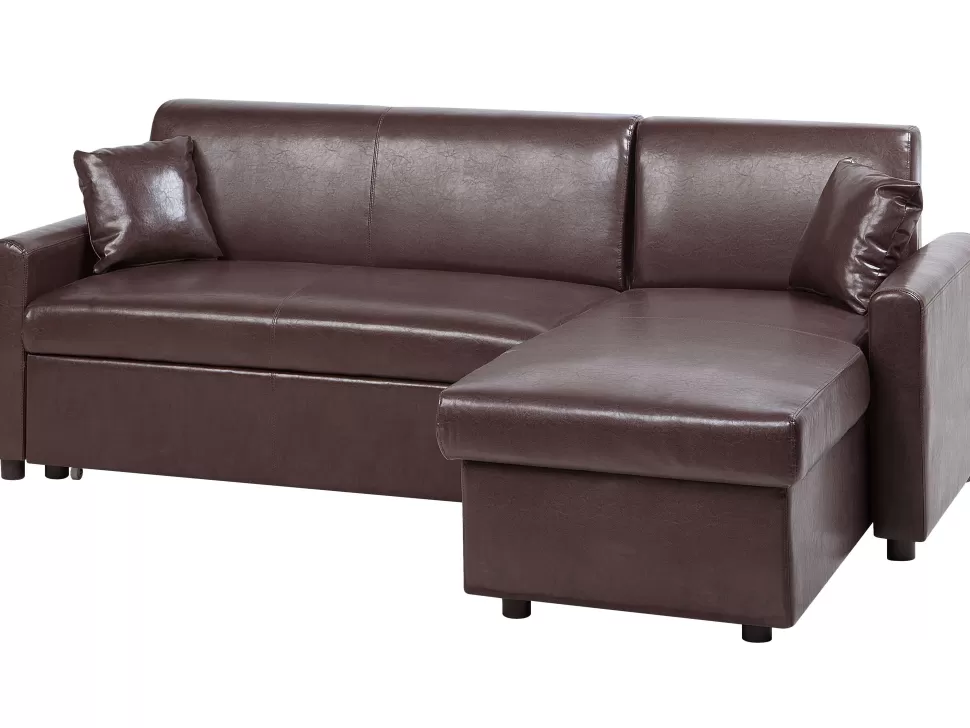 Fashion Beliani Left Hand Faux Leather Corner Sofa Bed With Storage Dark Brown Ogna