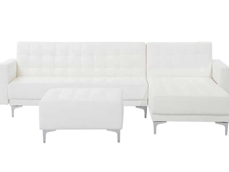 Clearance Beliani Left Hand Faux Leather Corner Sofa With Ottoman White Aberdeen