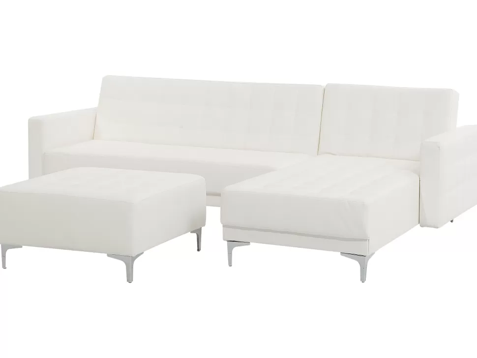 Clearance Beliani Left Hand Faux Leather Corner Sofa With Ottoman White Aberdeen