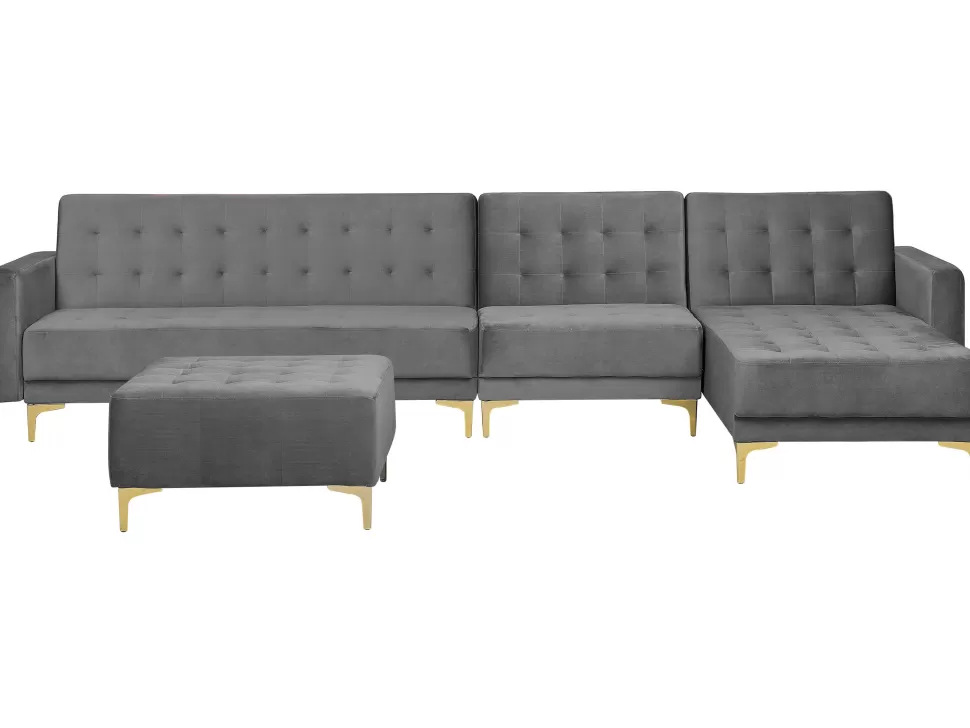 Sofas>Beliani Left Hand Modular Velvet Sofa With Ottoman Grey Aberdeen