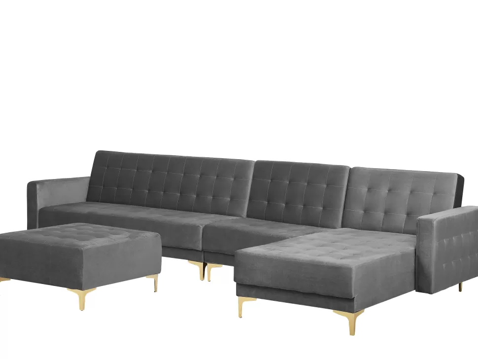 Sofas>Beliani Left Hand Modular Velvet Sofa With Ottoman Grey Aberdeen