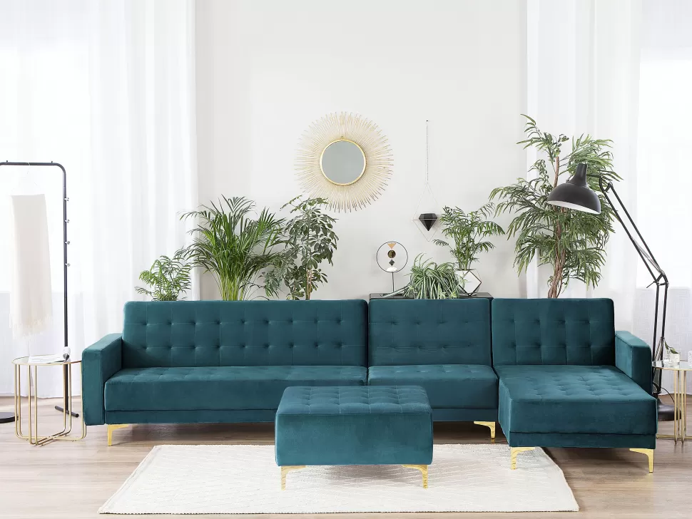 Sofas>Beliani Left Hand Modular Velvet Sofa With Ottoman Teal Aberdeen