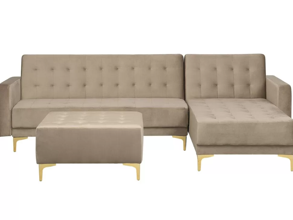 Clearance Beliani Left Hand Velvet Corner Sofa With Ottoman Sand Beige Aberdeen
