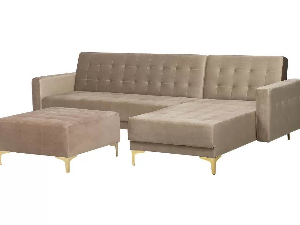 Clearance Beliani Left Hand Velvet Corner Sofa With Ottoman Sand Beige Aberdeen