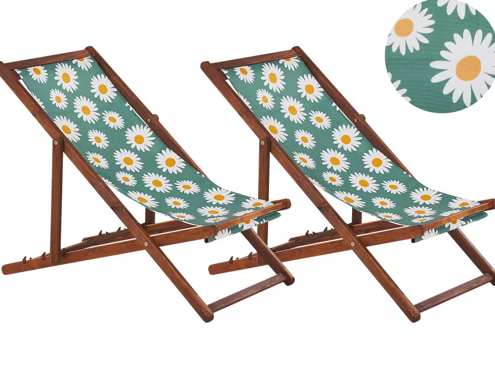 Flash Sale Beliani Liegestuhl Akazienholz Dunkelbraun Textil Weis / Mehrfarbig Kamillemuster 2Er Set Anzio
