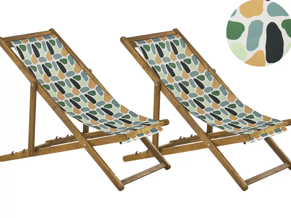 Flash Sale Beliani Liegestuhl Akazienholz Hellbraun Textil Weis / Mehrfarbig Fleckenmuster 2Er Set Anzio