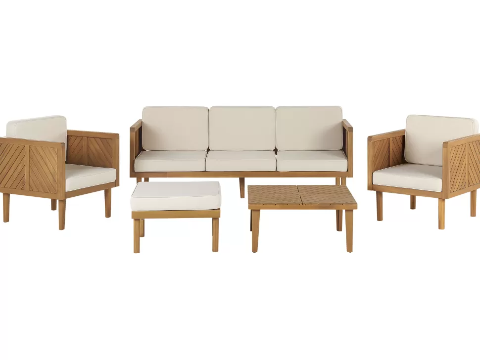 Store Beliani Lounge Set 5-Teilig Akazienholz Hellbraun 5-Sitzer Auflagen Creme Baratti